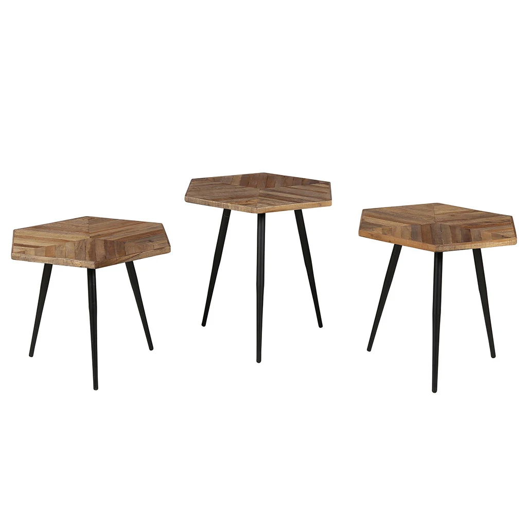 Zago Tables Basses Gigognes (x 3) En Teck Et Métal Hexagonales - WOODY 3 Zago Tables Basses Gigognes (x 3) En Teck Et Métal Hexagonales - WOODY