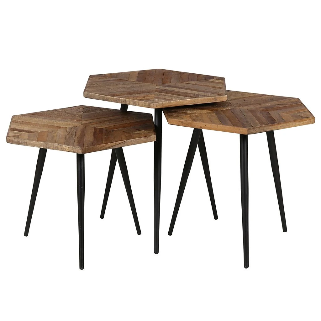Zago Tables Basses Gigognes (x 3) En Teck Et Métal Hexagonales - WOODY 4 Zago Tables Basses Gigognes (x 3) En Teck Et Métal Hexagonales - WOODY – Image 2