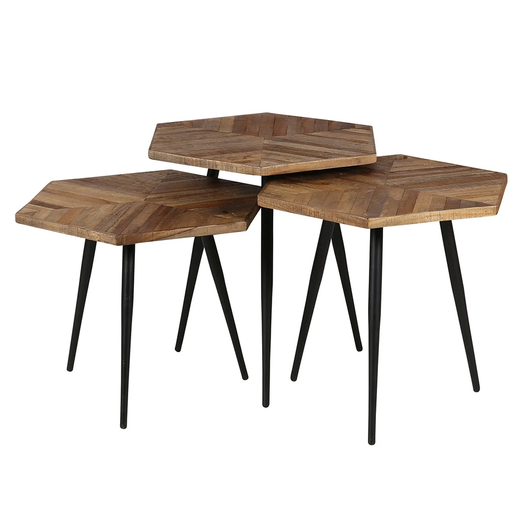 Zago Tables Basses Gigognes (x 3) En Teck Et Métal Hexagonales - WOODY 5 Zago Tables Basses Gigognes (x 3) En Teck Et Métal Hexagonales - WOODY – Image 3