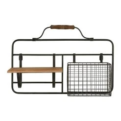 Comptoir De Famille Etagere Murale Avec Panier Reserve Noir 48x33x11cm En Fer Noir Et Sapin
